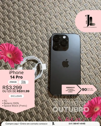 IPHONE 14 PRO, 5G, 256GB, CHIP ESIM, SPACE BLACK (PRETO), SEMINOVO, EXCLUSIVO!