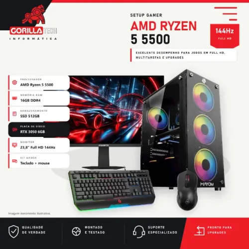 Setup Gamer Ryzen 5 5500 RTX 3050 6GB 16GB SSD 512GB + Monitor 23,8 144Hz - Modelo 1