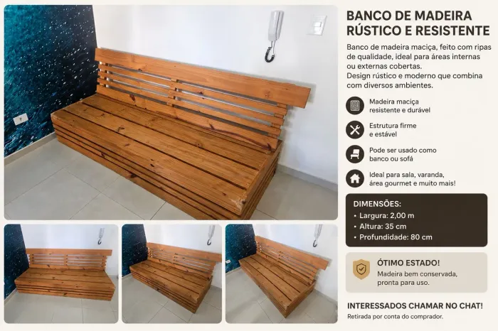 Banco de Madeira Rústico 2m - Robusto, Estilo Industrial/Rústico