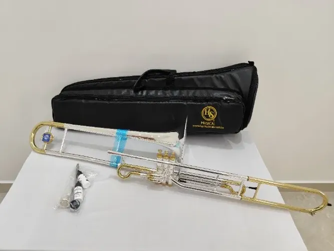 Trombone HS Musical TBV2 Sib Trigger - c/ Gatilho e Contrapeso - Prata c/ Laqueado - NOVO