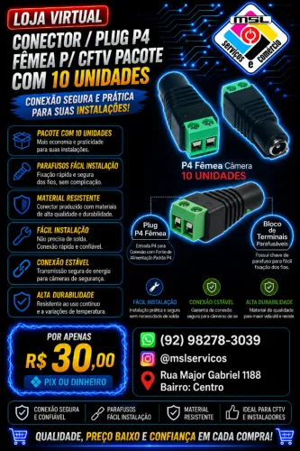 Conector / Plug P4 Fêmea p/ CFTV Pacote Com 10 Unidades