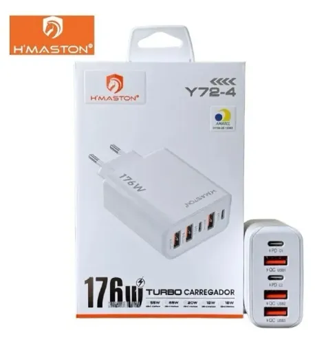 Carregador Turbo 2 Usb-c + 3 Usb 176w Fonte Turbo Rápida