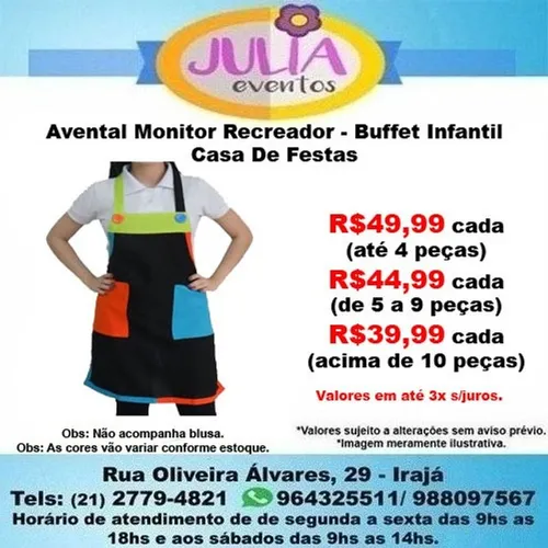 Avental Monitor Recreador - Buffet Infantil, Casa De Festas R$49,99 cada