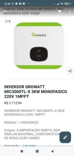 INVERSOR GROWATT MIC30000TL-X 3KW MONOFASICO 220V 1MPPT