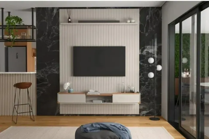 Conj. Painel Ripado c/ Prateleira - Off White + Bancada192 Gaveteiros - Off White/Jequiti