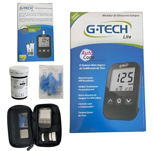 Kit Teste Glicemia Aparelho Gtech Lite - Diabetes -  Glicose Preto