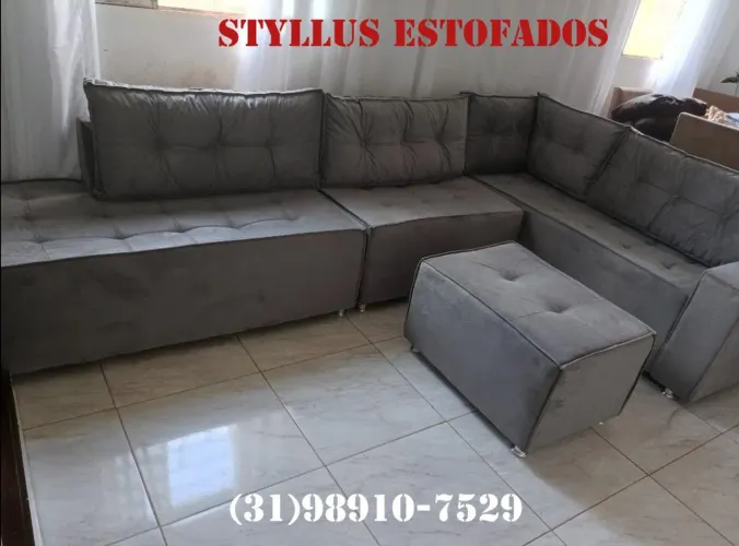 Sofá de Canto em Suede Cinza - Novo
