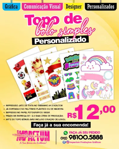 Topo de Bolo Personalizado - R$ 12,00