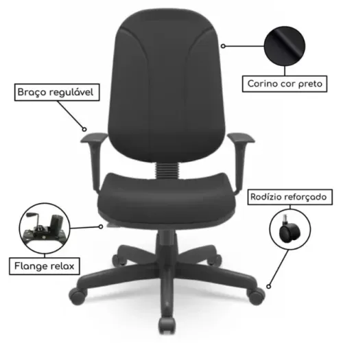 Cadeira de Escritório Presidente PLUS com Braços Reguláveis - CORINO PRETO 32975
