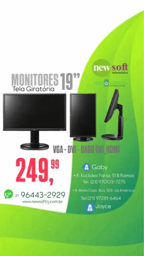 Monitor 19'' Tela Giratória - VGA, DVI, Cabo DVI HDMI