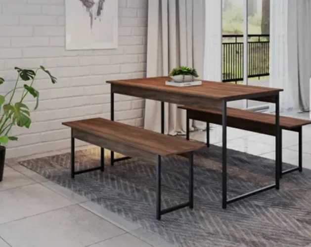 Conjunto Mesa de Jantar com 2 Bancos - Madeira e Ferro