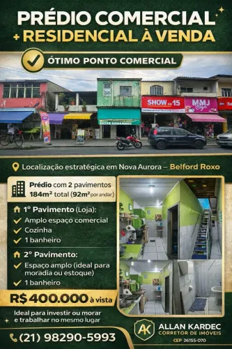 Vendo prédio 2 andares, 184m², Centro comercial. Bairro: Nova Aurora, Belford Roxo/RJ