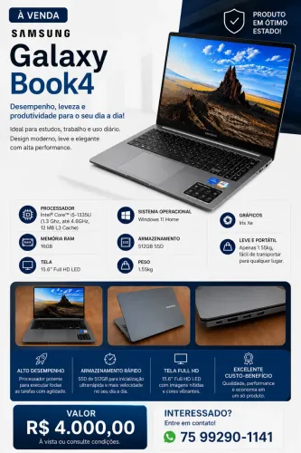 . Notebook Samsung Galaxy Book4 i5 13ª Geração - 16GB RAM | SSD 512GB | Windows 11