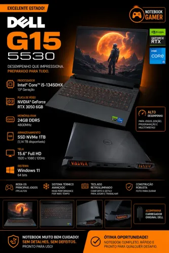 Dell G15 5530 Gamer | RTX 3050 6GB | i5 13ª Geração | 24GB RAM | SSD 1TB