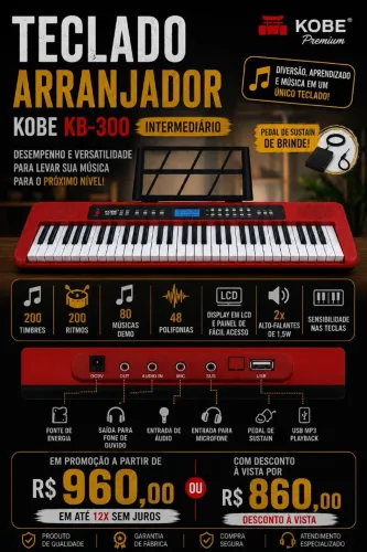 Teclado Kobe kb-300 arranjador intermediário com sensibilidade nas teclas