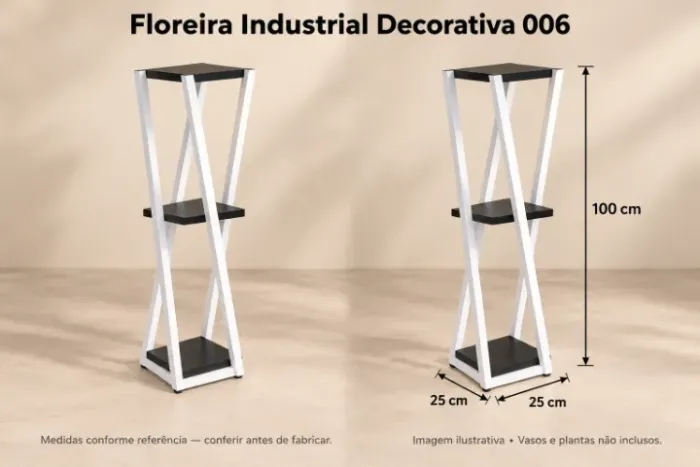 Floreira industrial vertical com 3 apoios e design cruzado