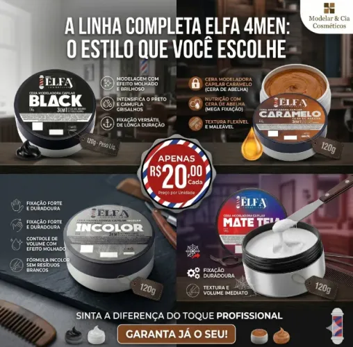 Pomada Modeladora Black, Incolor, Caramelo e Matte-Teia Elfa 120g