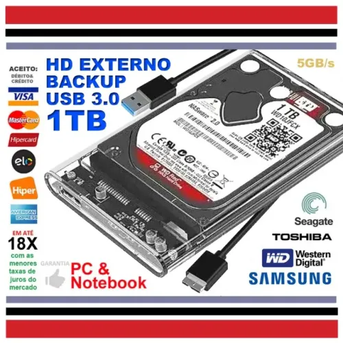 HD Externo 1TB P/ Backup USB 3.0 Western Digital & Seagate, 2.5", Novos e Novíss, Garantia