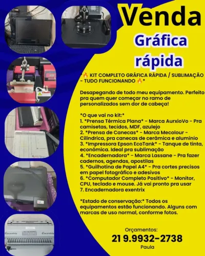 Gráfica pronta, impressora, prensa plana, prensa caneca, encadernadora, computador.
