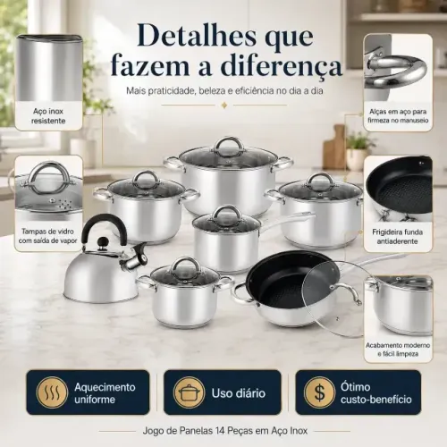 Jogo de Panelas Longstar 14 Peças Inox com Tampas de Vidro e Chaleira Prateada