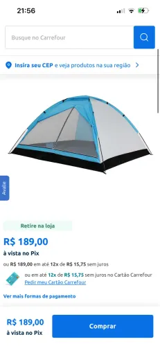Barraca de Camping Carrefour 4 pessoas 200 x 200 x 110 cm