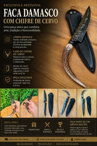 Faca de churasco em AÇO DAMASCO com CHIFRE DE CERVO - EXCLUSIVIDADE