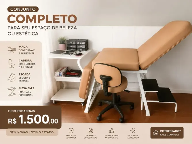 Maca para procedimentos estéticos, cadeira, mesa e escada.