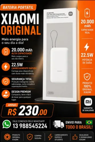 CARREGADOR PORTÁTIL 20.000MAH XIAOMI 100%ORIGINAL