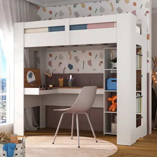 Cama Alta infantil/Juvenil Multifuncional com Escrivaninha Penteadeira Agatha