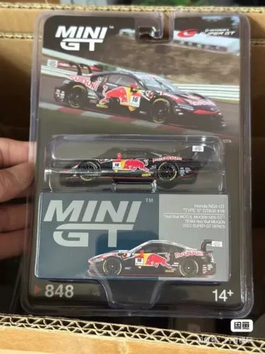 MINI GT 848 Honda NSX-R GT500 com pintura Red Bull, escala 1/64, em liga metálica.