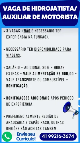 VAGA DE AUXILIAR DE MOTORISTA - HIDROJATISTA