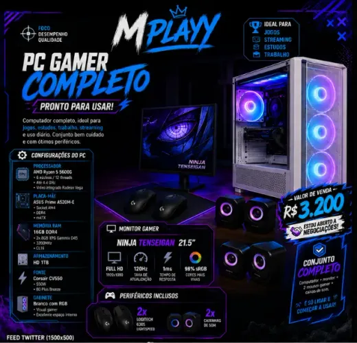 ? PC GAMER + MONITOR 120Hz + 2 MOUSES LOGITECH G305 + CAIXAS DE SOM ?