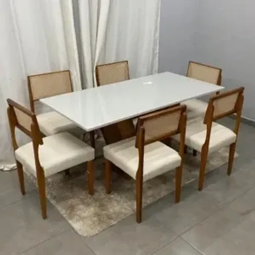 Mesa de Jantar Classic 160x80cm com Vidro e 6 Cadeiras Madeira