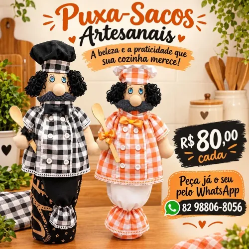 Boneco Puxa-Saco Artesanal de Tecido para Cozinha - R$ 80,00 ?