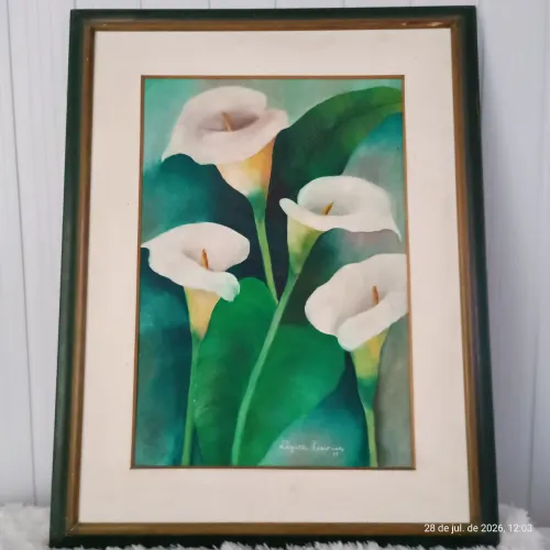 Quadro Copos-de-Leite Óleo sobre Tela Assinado Lázara Lessonier 1988 Emoldurado 60x76