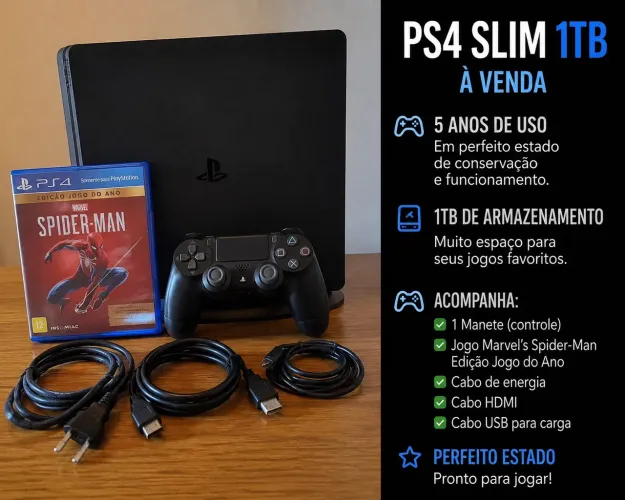 Vendo PS4 Slim 1TB - Desempenho Perfeito e Muito Espaço de Armazenamento!