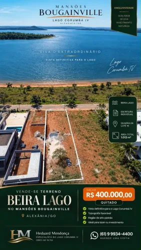 Vendo Lote na Beira do Lago Corumbá IV , Condomínio Mansões Bouganville