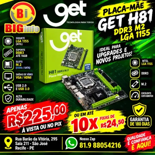 Placa Mãe Get H81 M2 Lga 1150 Ddr3 Suporte Intel 4º Geração - Em ate 10x Fixas