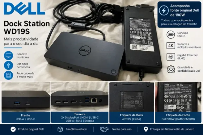 Dock Station Dell WD19S USB-C + Fonte Original Dell 180W