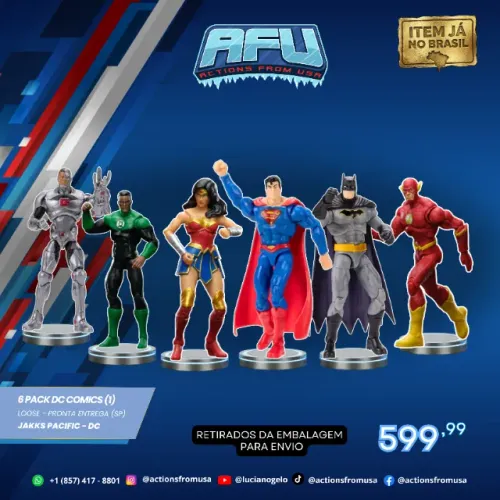 Jakks Pacific DC Comics 6 Pack Superman + Batman + Lanterna + Maravilha + Flash + Cyborg