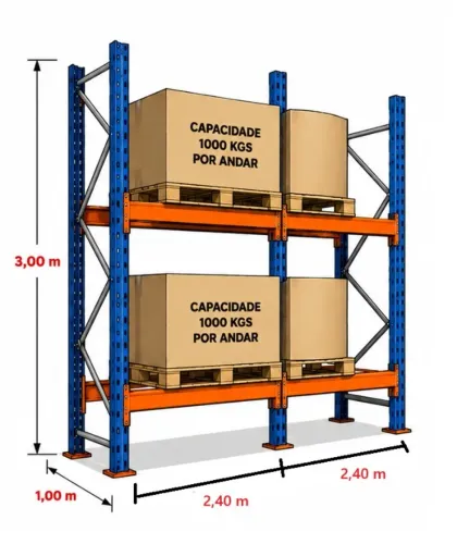 Porta Pallet - 3 metros Altura x 1 largura - 1000 kgs - 4,80 comprimento