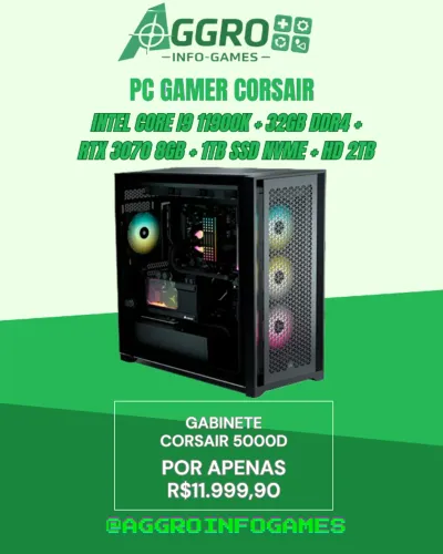PC Gamer CORSAIR i9 11900k + RTX 3070 8gb + 32gb DDR4 3200mhz + SSD 1tb nvme