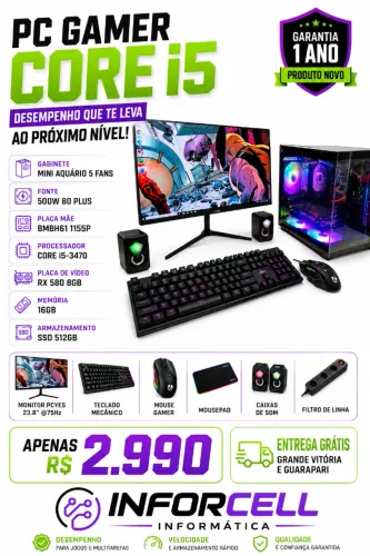 c Gamer Core i5-3470 Placa Vídeo RX 580 16gb Ram Ssd 512 Tela 24