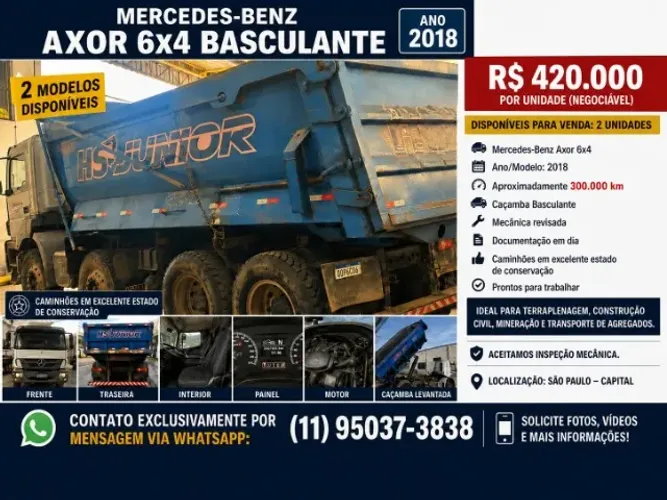 CAMINHÃO BASCULANTE TRAÇADO - M.BENZ AXOR - ANO 2018 - ÓTIMO ESTADO