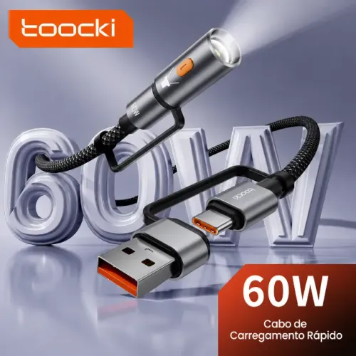 Cabo USB-C 2 em 1, 60W com Lanterna Toocki X99 - Novo, original