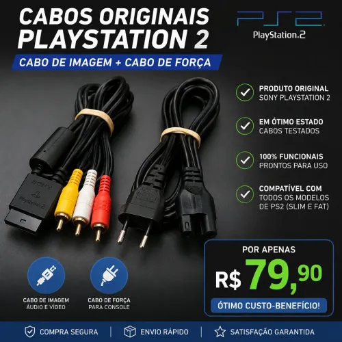 Cabo Original PS2 + Cabo de Força Original | Funcionando