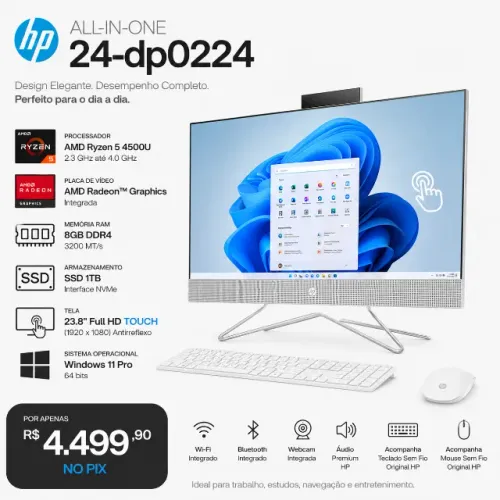 HP All-in-One 24-dp0224 Ryzen 5 8GB SSD 1TB Tela Touch + Kit Sem Fio