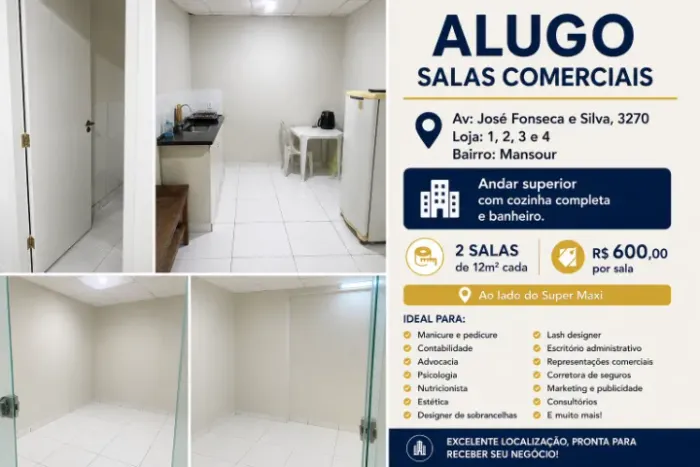 Alugo Sala Comercial - 12m² - Banheiro e Cozinha - Av. José Fonseca e Silva, 3270-Mansour