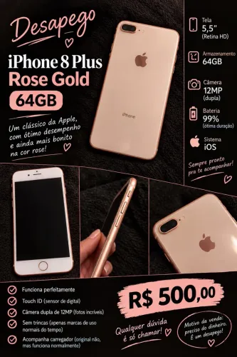 iPhone 8 Plus Rose Gold 64GB + duas capinhas
