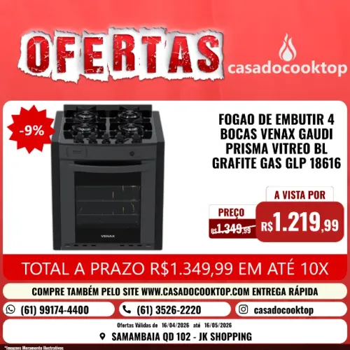 FOGAO DE EMBUTIR 4 BOCAS VENAX GAUDI PRISMA VITREO BL GRAFITE GAS GLP
